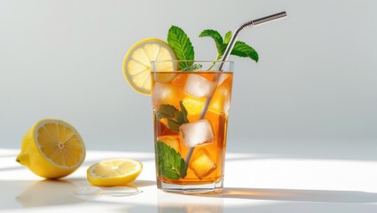 A glass of iced tea with lemon and mint, served with a lemon slice and half lemon nearby. Refreshing beverage and citrus fruit. Cold drink with fresh ingredients.