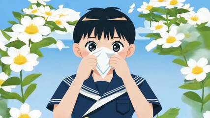 Boy using handkerchief in spring blooms suffer from allergy symptoms and create a medical awareness video