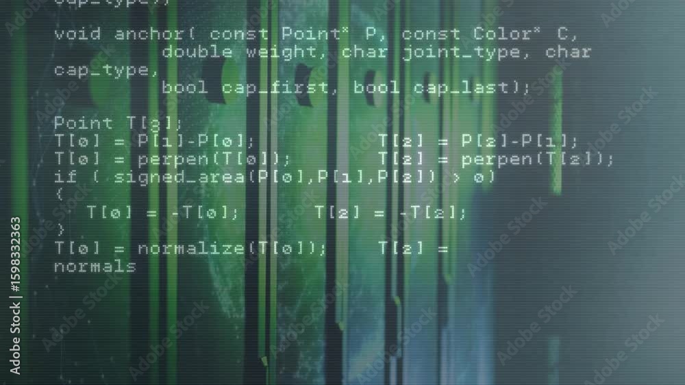 Poster on startup c++ code scrolling over green bars background showing network, geometry routines