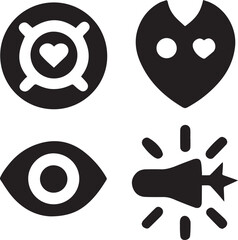 Movie genre icons comedy mask, horror eye, romance heart, action explosion icons