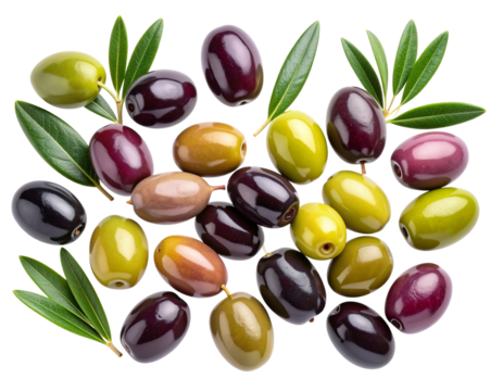 Top-Down View of Mixed Green, Black, and Kalamata Olives, Minimalist Mediterranean Flat-Lay, Isolated PNG