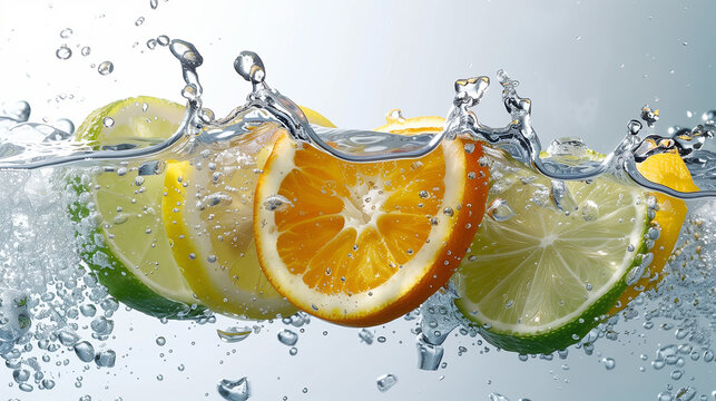 Lemon Slices Splashing into Clear Water with Bubbles and Droplets