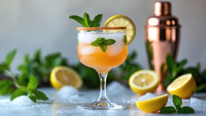 Fototapeta premium Refreshing cocktail with lemon and mint garnished in a glass, surrounded by lemon slices and fresh mint leaves.