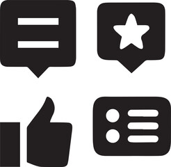 Movie review icons thumbs up, star, comment bubble, checklist black and white