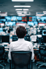 Fototapeta premium A person in a white shirt sits in an office chair, facing multiple blurred screens in a control room or data center environment.