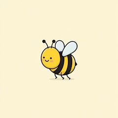 Obraz premium Cute cartoon bee with smiling face and wings on yellow background, adorable kawaii insect character art