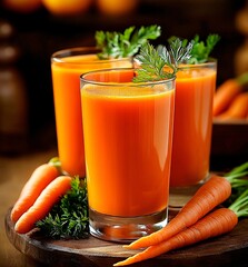 Glass of freshly squeezed carrot juice with green dill