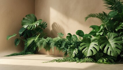 Obraz premium Lush green tropical plants indoors with sunlight casting shadows on the wall. Nature and interior decoration, concept. Greenery and home design. The idea of indoor plant decor.