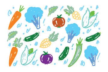 Colorful Veggies: A vibrant assortment of fresh vegetables artfully arranged in a whimsical, illustrative style, perfect for adding a healthy touch.