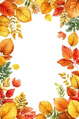 Fototapeta premium Watercolor autumn border with red orange and yellow leaves arranged on white background with copy space