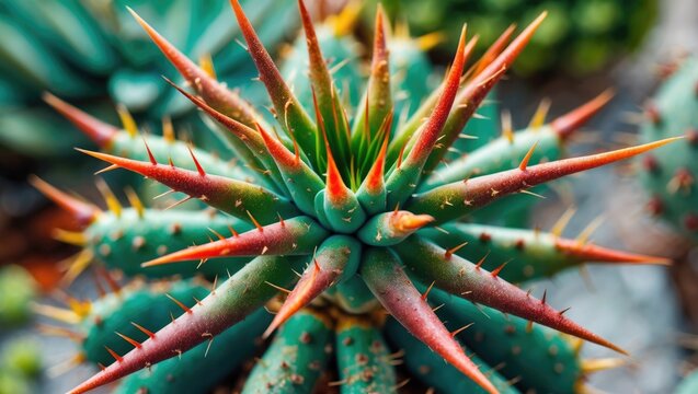 Close-up of a succulent plant with spiky, pointed leaves.