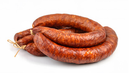 Fototapeta premium Smoked sausage links tied with string, rustic style, isolated on white, sharp detail, suitable for packaging
