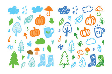Fototapeta premium Hand-Drawn Seasonal Elements: A vibrant illustration of hand-drawn elements associated with autumn and other season, each stroke conveying the essence of the season.