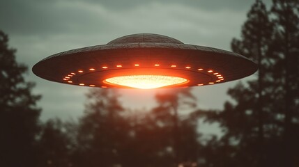 A flying saucer over a wooded area.