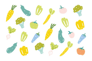 Fresh Harvest: A vibrant arrangement of hand-drawn vegetables, featuring juicy carrots, eggplant, sweet bell peppers, and verdant broccoli, showcasing the bounty of the garden in a lively display.