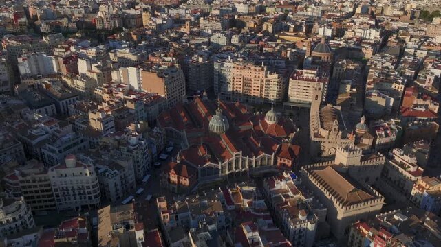 Valencia Old Town, Aerial drone Shot in the morning dawn of Central Market, Mercat Central de Valencia, Spain.