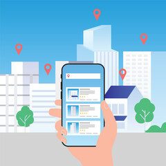 Search and Online Booking hotel. Hotel building detailed and reservation application interface. Hand holding smart phone