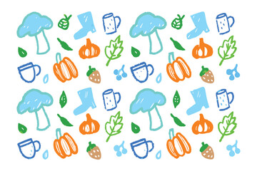 Fall Season Doodle Pattern: A playful doodle arrangement celebrating the essence of autumn, showcasing charming illustrations of pumpkins, mushrooms, leaves, coffee mugs, strawberries, acorns.