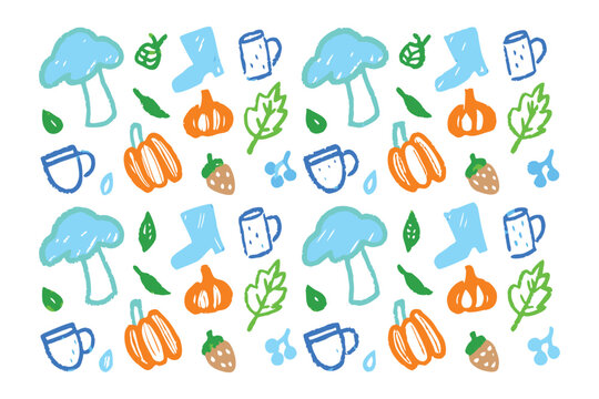 Fall Season Doodle Pattern: A playful doodle arrangement celebrating the essence of autumn, showcasing charming illustrations of pumpkins, mushrooms, leaves, coffee mugs, strawberries, acorns.
