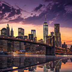 Twilight City Skyline with Suspension Bridge and Reflections on Water

