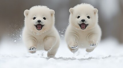 Two playful, white puppy-like creatures leap through a snowy landscape.