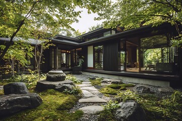 **A Serene Modern Japanese-Inspired Residence With A Minimal, Open-Concept Layout. The House Features Dark Wood Slats, Vertical Screens, White Walls, And Shoji-Inspired Translucent Sliding Doors. The 