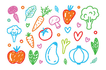 Colorful Vegetable Doodle: A vibrant and whimsical array of hand-drawn vegetables. This joyful artwork showcases the delightful shapes and bright hues of nature's bounty.