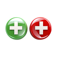 Obraz premium Glossy green and red plus sign buttons 3D icons isolated on transparent white background, clipping path