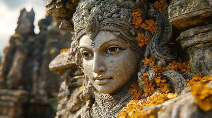 Close-up of a weathered stone sculpture of a deity.