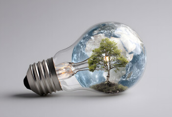 A lightbulb with a detailed Earth globe inside, symbolizing environmental innovation and sustainability
