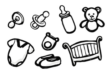 Nurturing Beginnings: A delightful collection of hand-drawn baby essentials, including a pacifier, bottle, teddy bear, onesie, rattle, shoes, and crib. Perfect for evoking warmth and comfort.
