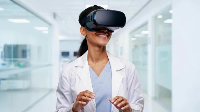 Doctor using VR Headset for Medical Training, Simulation, Education in Hospital Corridor, showing Healthcare Technology. Virtual Medical Training concept. 4K video