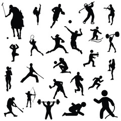 sports, silhouette, athlete, action, running, jumping, soccer, football, basketball, baseball, tennis, volleyball,