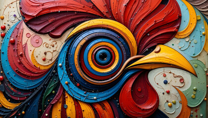 Vibrant Abstract Rooster Painting with Geometric Swirls and Bold Colors