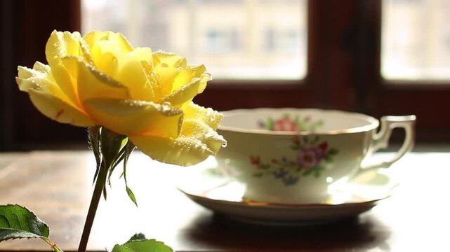 Elegant tea time with a yellow rose in soft window light creating a peaceful atmosphere