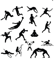 sports, silhouette, athlete, action, running, jumping, soccer, football, basketball, baseball, tennis, volleyball,