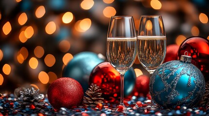 Festive champagne glasses amidst christmas ornaments.
