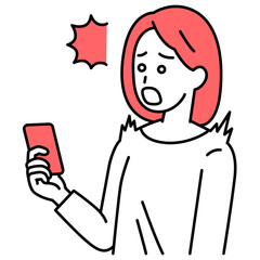 スマートフォンの画面を見て驚く若い女性