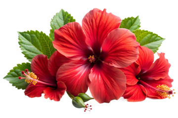 A cluster of vibrant red hibiscus flowers isolated on transparent background, showcasing their rich color and lush foliage