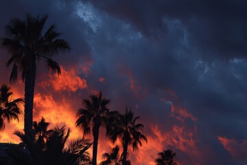 Palms silhouetted at fiery sunset near ocean; clouds drama. Travel ad backdrop