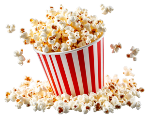 Tilted Popcorn Bucket with Kernels Spilling Out – Buttery Snack PNG