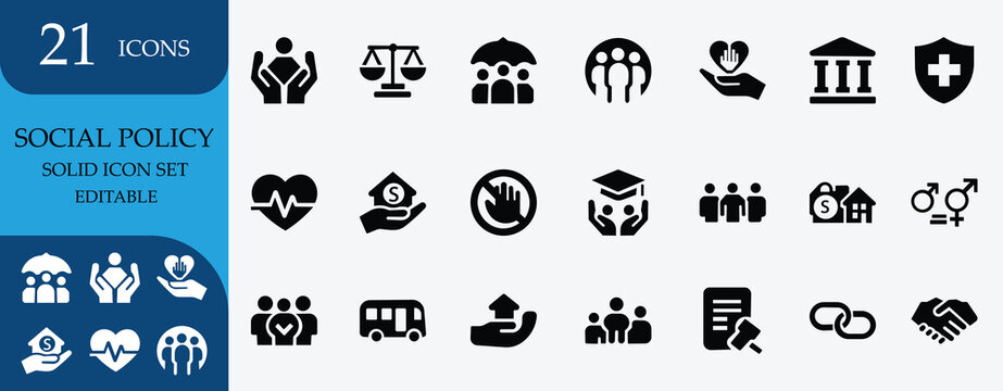 Solid icon set on human rights, NGO, diversity, equality, social care, protection, education, justice, nonprofit aid, community and welfare