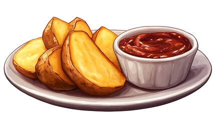 Roasted potato wedges with dipping sauce.