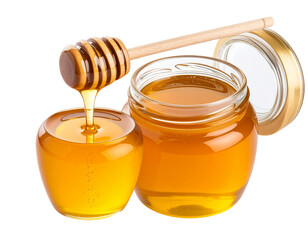 Top Angle Honey Jar Mockup with Wooden Dipper and Honey Drip – Realistic Glass Container PNG