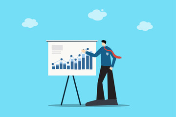 Confident businessman presenting rising graph, symbolizing growth, business success, strategy, and market progress.