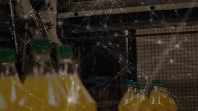Upon starting, conveyor belt moving green-capped bottles while network pulsing visualizing bottling