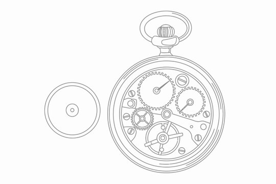 Detailed mechanical sketch of a vintage pocket watch showcasing intricate gears and movement blueprint graphic design illustration