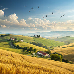 Sunlit Countryside Landscape with Golden Fields, Rolling Hills, Farmhouses, and Flying Birds

