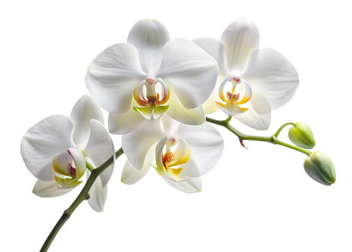 A cluster of pristine white orchid flowers blooms gracefully on a slender branch, showcasing their delicate beauty, isolated on transparent background