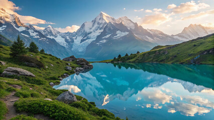 Turquoise alpine lake reflects snow capped mountains and cloudy sky in summer mountain lake
